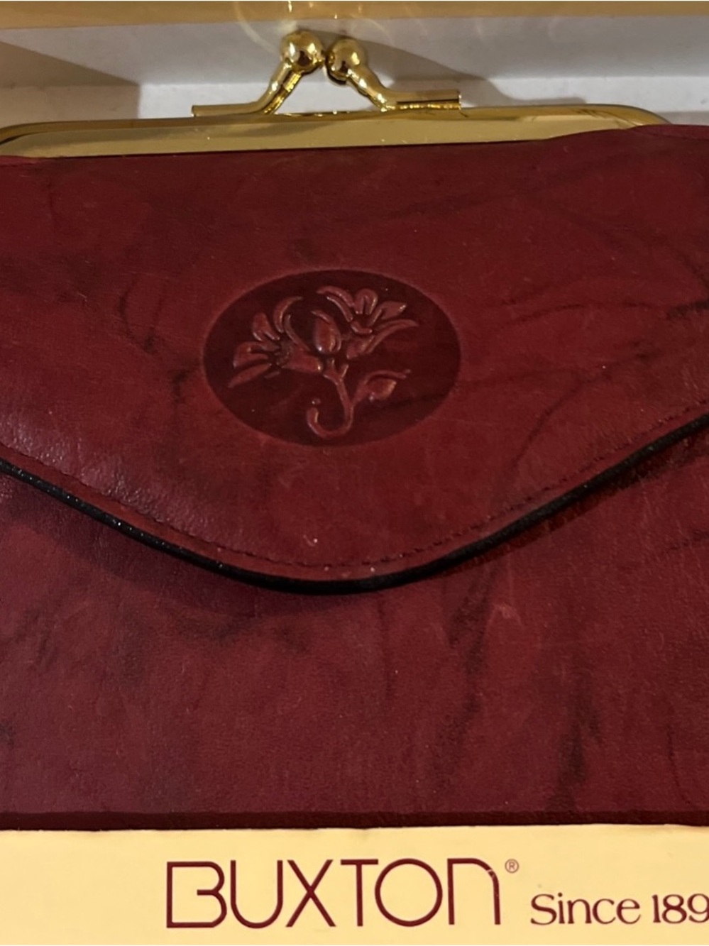 Buxton Burgundy Leather Wallet with Embossed Floral Detail